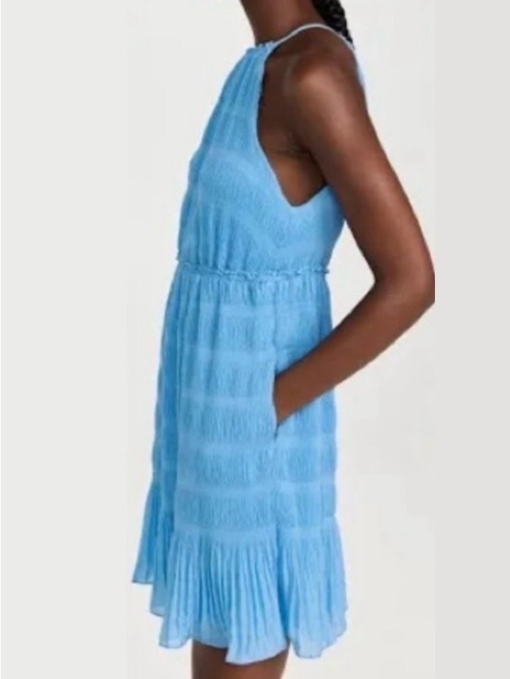 Rebecca Taylor Pleated Voile Short Dress Size Large Cerulean Blue Halter New NWT - Picture 5 of 12